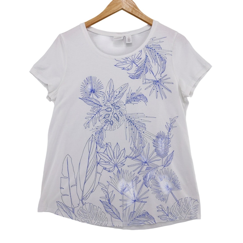 Chico's Weekends T-Shirt Womens 1‎ M White Blue Tropical Rhinestone Short Sleeve